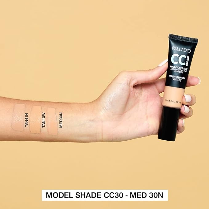Palladio Full-Coverage Color Correction CC Cream, Oil-Free with Peptides & Vitamin C, Best for Correcting Redness and Uneven Skin Tone, Buildable Foundation Coverage (Med 30N)-VivaGrace Women