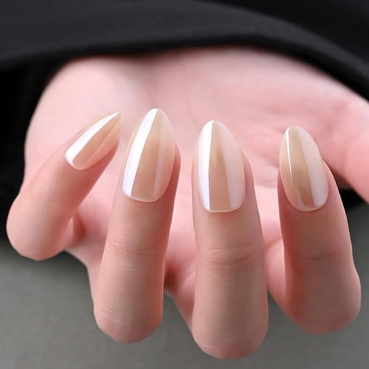 Aurora Chrome Nude Press On Nails Short Almond 30 Pcs, Designer Reusable Acrylic Fake Nails with Glue, Glossy Soft Gel Nails Wedding and Party, Stick On Glue On Nails, Nails fro Women Gift