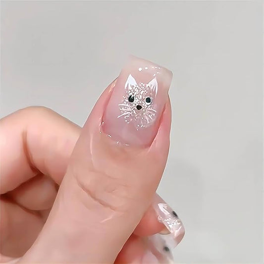 Medium Press on Nails Square Fake Nails Pink Cat Eye Nail Press ons Acrylic False Nails with Cute Cat Designs Glitter Artificial Nails Glossy Glue on Nails Natural Stick on Nails for Women
