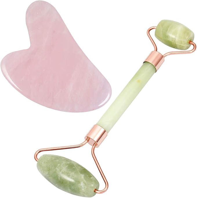 mookaitedecor Xiuyan Jade Roller & Rose Quartz Gua Sha Scraping Massage Tool Set, Face Massager for Wrinkles, Anti Aging-VivaGrace Women
