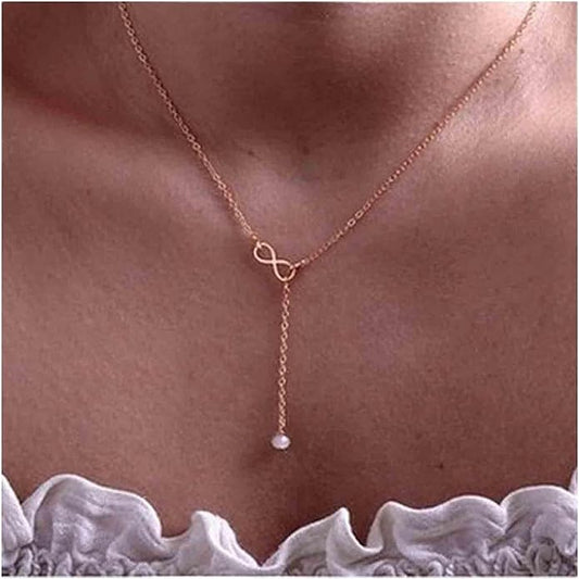 Boho Pearl Infinity Necklace Silver Y Pearl Necklace Minimalist Chain Y Lariat Necklace Chain Jewelry for Women and Girls-VivaGrace Women
