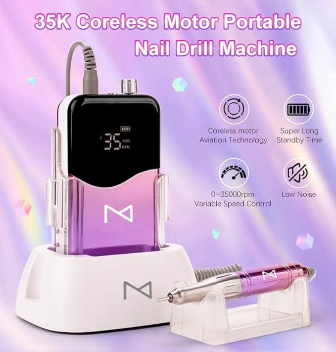 M Mase- Professional Nail Drill Machine - Coreless 2-in-1 Nail File - Electric, Cordless, 35000 RPM, HD Display - Electric Nail Drill for Professional & Home Use (Metallic Gold)-VivaGrace Women