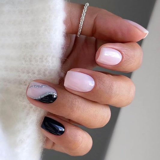 Pink Press On Nails Short Square, Black Silver Glitter Design Short False Nails, Reusable Stick On Fake Nails with Glue For Women, 12Sizes-24 Salon Quality Nail Kit, Gift for Woman