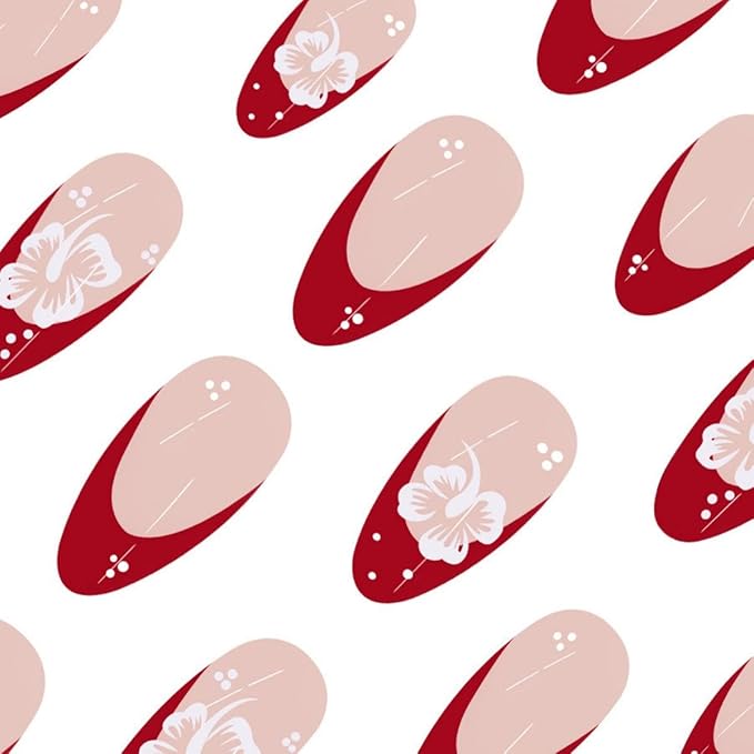Red French tips Press on Nails Medium Almond Fake Nails with Design White Flower Glue on Nails Glossy Spring Nails Reusable Summer False Nails for Women Girls Manicure 24pcs