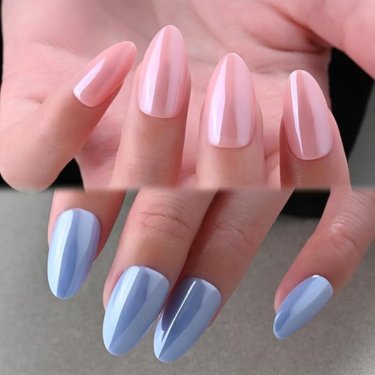 Chrome Pink and Blue Press On Nails Short Almond 60 Pcs Kit, Designer Reusable Acrylic Fake Nails with Glue, Glossy Soft Gel Nails for Women Wedding Party Gift - Stick On Glue On Nails Kit