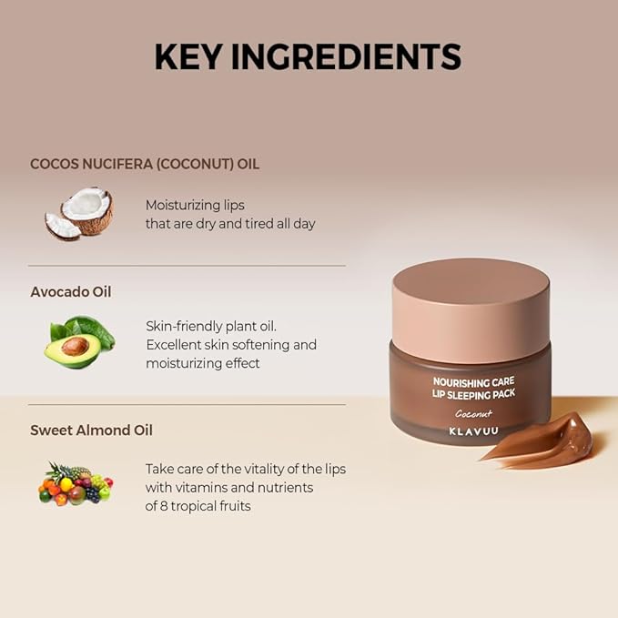 Klavuu Nourishing Care Lip Sleeping Pack (Vanila & Coconut) - Overnight Exfoliating & Nourishing Lip Treatment Balm for Dry Lips - Natural Moisturizing Lip Oil - Lip Balm to Repair & Protect Lips-VivaGrace Women
