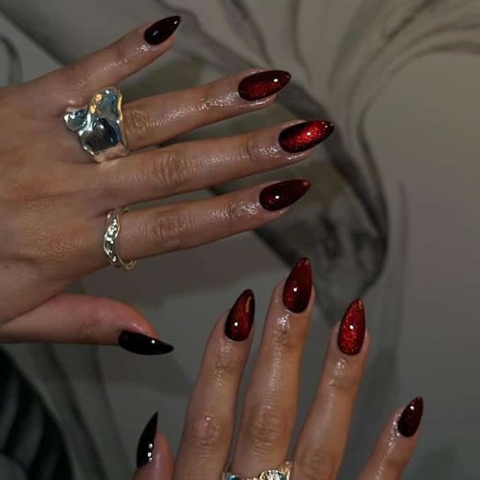 KQueenest Dark Red Press on Nails Cat Eye, Burgundy Glitter Press on Nails Almond Medium, Sparkly Shiny Fake Nails Set, Cute Bling Glue on Nails Medium Length for Women Holiday, Gothic Design, 30 Pcs