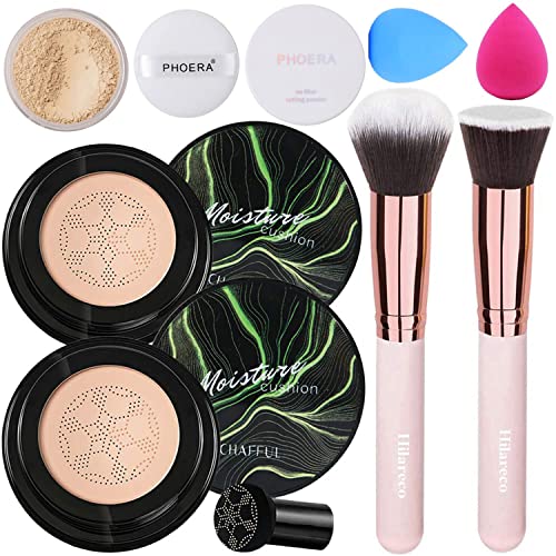 Mushroom Head Air Cushion CC Cream Natural Foundation,Phoera Powder, Bright Makeup Base Long Lasting with Makeup Sponge and Flat Top Kabuki Foundation Brush (# 02 Natural)-VivaGrace Women