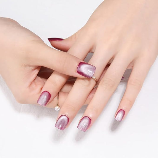 Rose Purple to White Gradient Press On Nails Short Square Cat Eye Nails, Fashion Gel Fake Nails, Reusable Acrylic Fake Nails, Glossy Stick On Nails for Women, Glue On Nails Kit, Purple Moonlight Glow