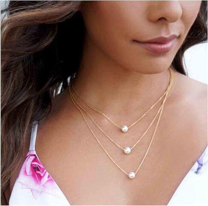 Boho Layered Pearl Necklace Choker Gold Pearl Pendant Necklace Multi Layer Vintage Necklace Chain Bridal Necklace Jewelry for Women and Girls-VivaGrace Women
