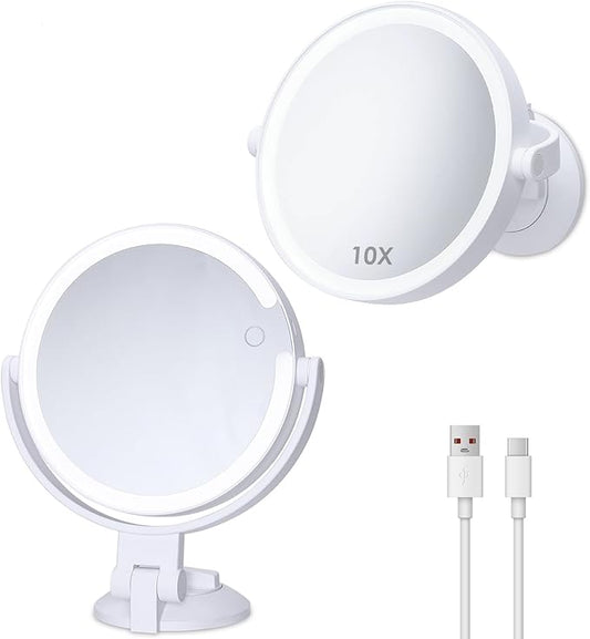 1X 10X Magnifying Mirror with Lights, Rechargeable 2 Sided Lighted Magnification Makeup Mirror, 3 Color Settings Desk Vanity Mirror, 360° Swivel Locking Suction Mount Bathroom Shaving Mirror