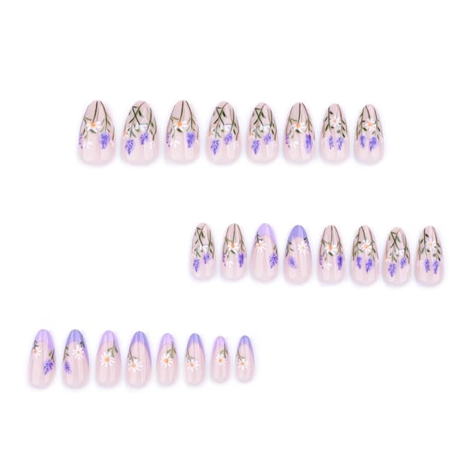 Flower Daisy Press on Nails Short Square False Nails with Purple French Tips Design Lavender Fake Nails Spring Stick on Nails Glossy Reusable Summer Glue on Nails for Women Girls Manicure 24Pcs