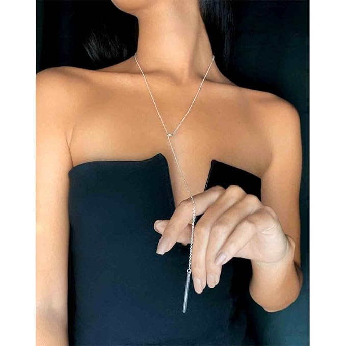 Boho Circle Bar Lariat Necklace Silver Drop Bar Y Necklace Open Circle Necklace Long Vertical Bar Necklace Chain Jewelry for Women and Girls Gifts-VivaGrace Women