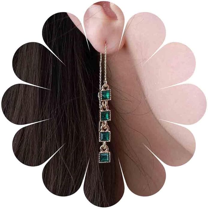 Vintage Emerald Crystal Threader Earrings Green Gem Drop Earrings Emerald Cz Square Earrings Gold Long Emerald Chain Earrings Jewelry for Women-VivaGrace Women