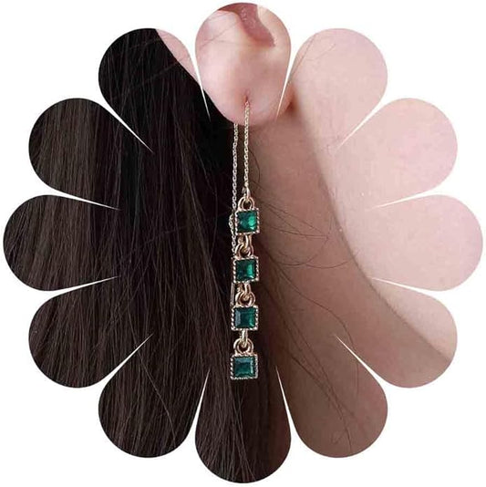 Vintage Emerald Crystal Threader Earrings Green Gem Drop Earrings Emerald Cz Square Earrings Gold Long Emerald Chain Earrings Jewelry for Women-VivaGrace Women