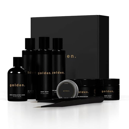 Golden Grooming Co. Bath and Body Skin Care Kit Gift Set for Men - with Deep Exfoliating Scrub, Face Wash, Moisturizer, Body Wash, 2 in 1 Beard and Hair Shampoo, Body Balm,Solid Cologne and Tweezers-VivaGrace Women
