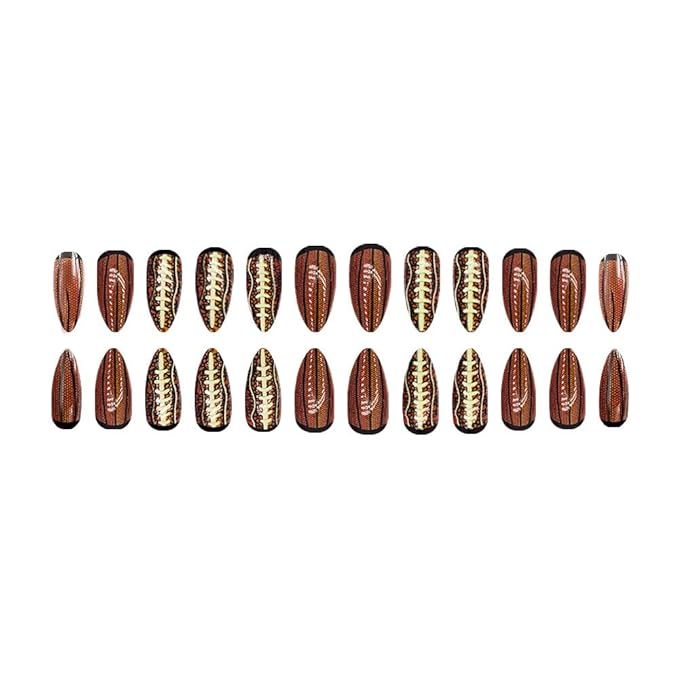 Baseball Press on Nails Medium Almond Fake Nails Brown False Nails with Rugby Design Glossy Spring Nails Coffee Summer Fall Nails Reusable Acrylic Nails Press on for Women Girls Manicure 24pcs
