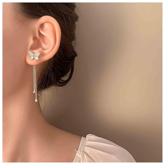 Vintage Crystal Butterfly Stud Earrings Gold Long Chain Earrings Thin Drop Chain Earrings Cz Paved Butterfly Earrings Retro Hanging Chain Earrings Jewelry for Women and Girls-VivaGrace Women
