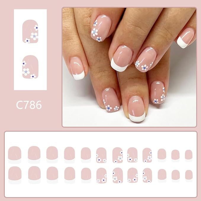24Pcs Short Press on Nails White French Tip Fake Nails Small Flower Glue on Nails Spring False Nails Full Cover Glossy Stick on Nails Cute Flower Fake Nails for Women Manicure Kit