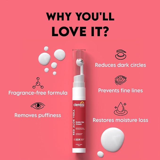 Clensta Aloe Vera Under Eye Cream Roll On | 0.51 Fl Oz (15ml) | Hydrating Eye Cream with Niacinamide | for Puffiness, Dark Circles & Wrinkles-VivaGrace Women