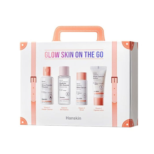 Hanskin Glow Skin On The Go Kit, Set of 4, Essential Travel Skincare Set for Glowing & Nourishing Skin on the Plane, Powder Cleanser Skin Essence and Facial Serum Cleansing Balm-VivaGrace Women
