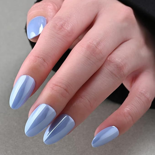 Aurora Chrome Blue Press On Nails Short Almond 30 Pcs, Designer Reusable Acrylic Fake Nails with Glue, Glossy Soft Gel Nails Wedding and Party, Stick On Glue On Nails, Nails fro Women Gift