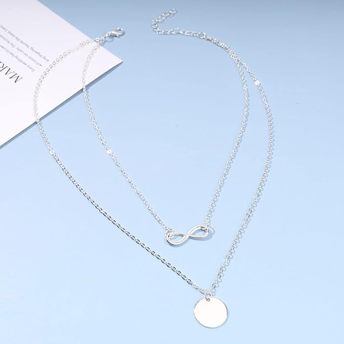 Boho Layered Infinity Coin Necklace Choker Silver Disc Pendant Necklace Forever Necklace Vintage Circle Choker Necklace Chain Jewelry for Women and Girls Gifts for Her-VivaGrace Women