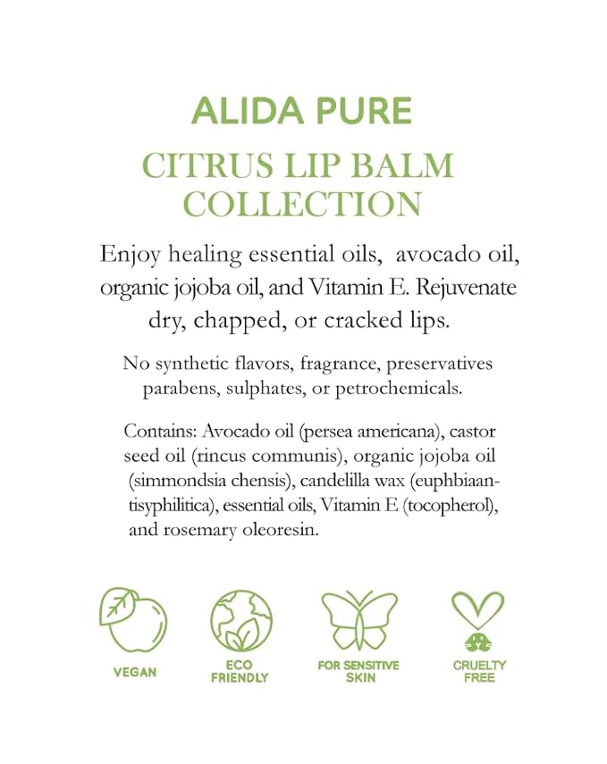 Citrus Lip Balm Collection, Vegan Lip Balm Set, Bees Wax Free, Coconut Oil Free, Avocado Oil, Organic Jojoba Oil, Vitamin E, Natural Moisturizer For Dry Cracked Lips, 3 Tube Set-VivaGrace Women