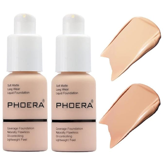 2 Pack PHOERA Foundation,Matte Oil Control Concealer Foundation Cream,PHOERA Long Lasting Waterproof Matte Liquid Foundation for Women Girls (102 Nude+103 Warm peach)-VivaGrace Women