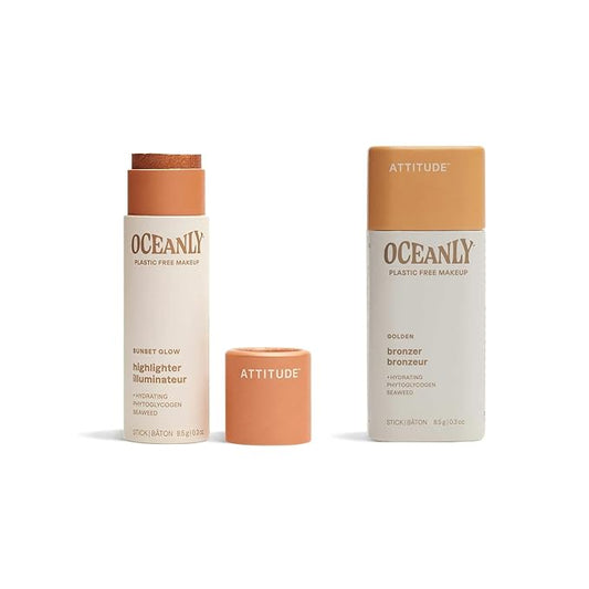 Bundle of ATTITUDE Oceanly Lightweight Highlighter Stick, Titanium Dioxide-Free, EWG Verified, Plastic-Free, Vegan Makeup, Sunset Glow, 0.3 Oz + Lightweight Bronzer Stick, Golden, 0.3 Oz-VivaGrace Women