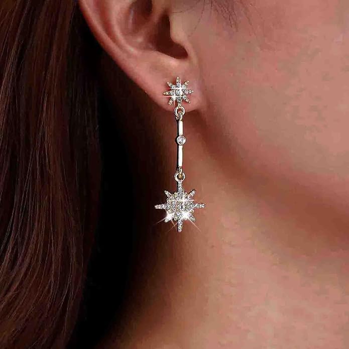 Vintage Crystal Starburst Drop Earrings Long Rhinestone Northstar Earrings Gold Cz Star Dangle Earrings Cz North Star Stud Earrings Jewelry for Women-VivaGrace Women