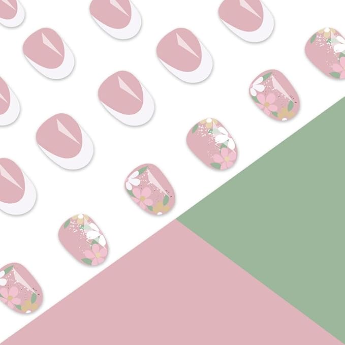 White French tips Press on Nails Medium Almond Fake Nails with Design White Flower Glue on Nails Glitter Glossy Spring Nails Reusable Summer False Nails for Women Girls Manicure 24pcs