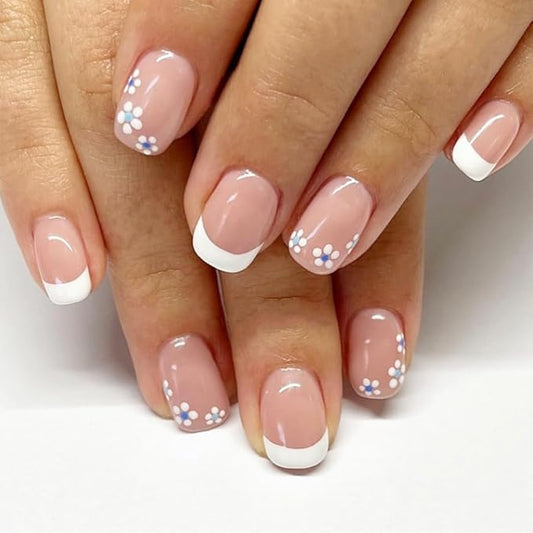 24Pcs Short Press on Nails White French Tip Fake Nails Small Flower Glue on Nails Spring False Nails Full Cover Glossy Stick on Nails Cute Flower Fake Nails for Women Manicure Kit