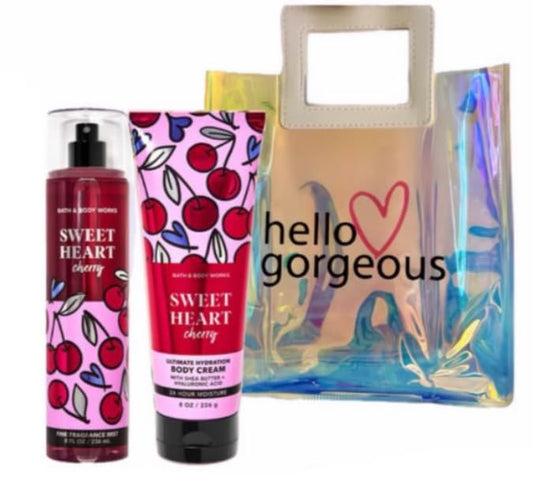 White Barn - Bath and Body Works - Gift Set 2 Piece Bundle - with Gift Bag HELLO GORGEOUS (SweetHeart Cherry)-VivaGrace Women