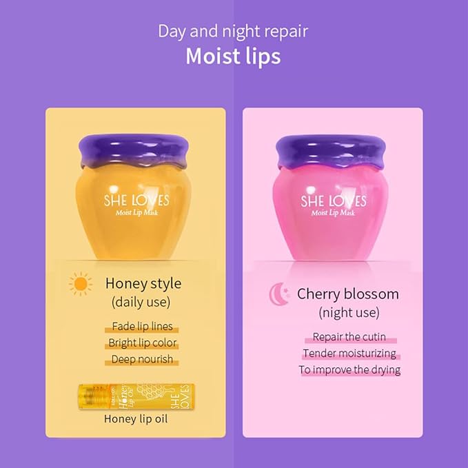 2PCS Lip Mask Overnight, Honey&Sakura Day and Night Repair Sleeping Lip Balm, Fade Lip Lines Bee Balm, Hydrating &Prevention Dry and Crack Lip Scrubs Exfoliator-VivaGrace Women