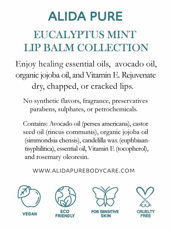 ALIDA PURE Eucalyptus Mint Lip Balm Collection, Vegan, Lip Balm, Beeswax Free, with Avocado Oil, Organic Jojoba Oil, and Vitamin E, Natural Moisturizer for Dry, Chapped Lips, 3 Tube Set-VivaGrace Women