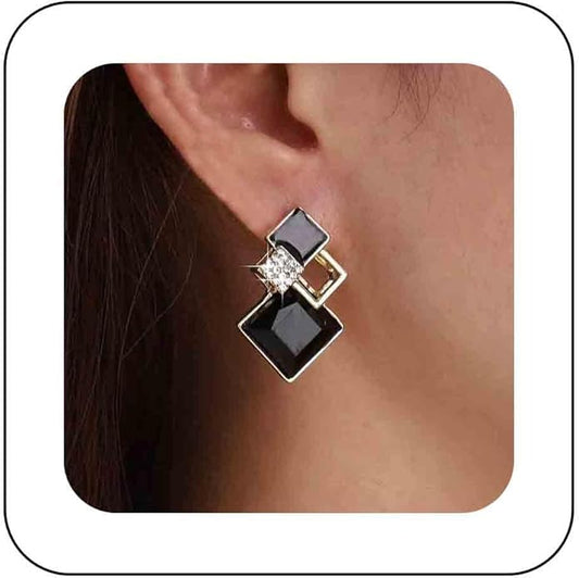 Vintage Crystal Square Drop Earrings Black Square Stud Earrings Gold Hollow Square Dangle Earrings Black Onyx Square Earrings Jewelry for Women-VivaGrace Women