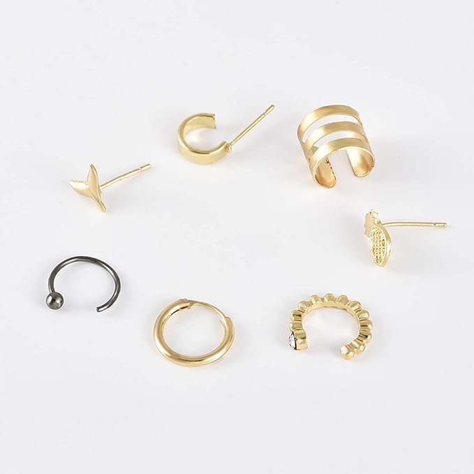 Bohemia Pineapple Mermaid Tail Studs Earrings Gold Wide Cuff Earrings Fake Helix Ear Cuff Earrings Gold Cartilage Clip on Wrap Earrings Non pierced Multiple Earrings Set Set for Women and Girls-VivaGrace Women