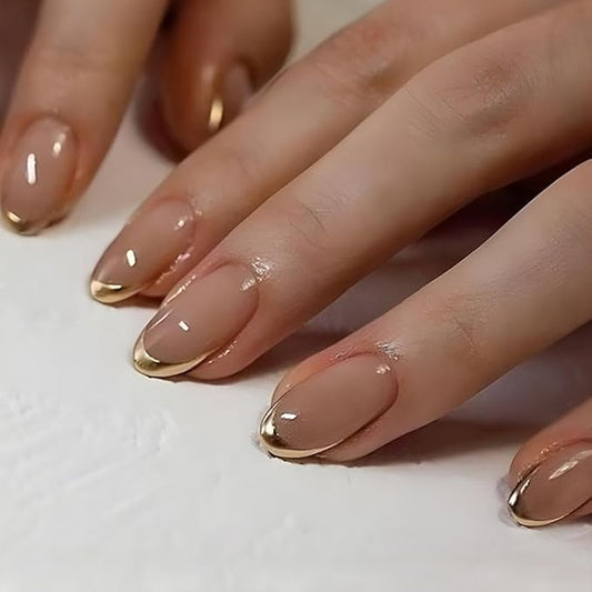 French Tip Press On Nails Short Ovale 24 Pcs, Gold Tip Designer Reusable Acrylic Fake Nails with Glue On Nails, Glossy Soft Gel Nails Wedding and Party, Stick On Nails for Women Gift
