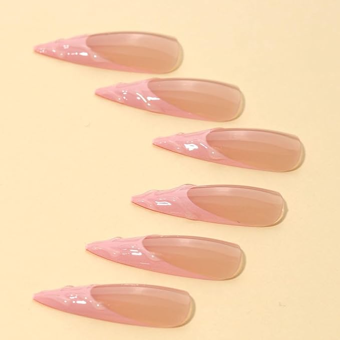 Pink French tips Press on Nails Long Stiletto Fake Nails with Design Water Ripple Glue on Nails Glossy Spring Nails Reusable Summer False Nails for Women Girls Manicure 24pcs
