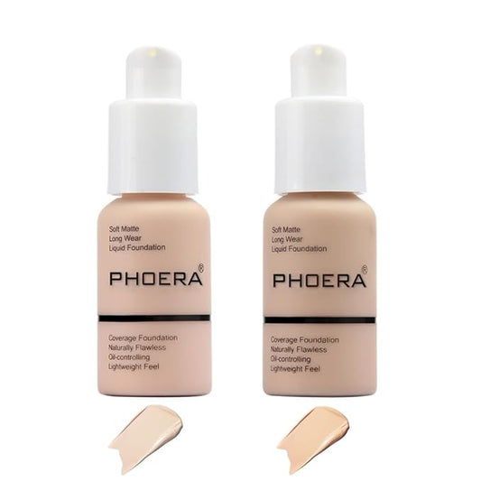 2 Pcs Liquid Foundation 101 and 102 with Kabuki Foundation Brush Flat Top,Full Coverage Foundation Makeup Set,30ml 24HR Matte Oil Control Concealer(Porcelain & Nude)-VivaGrace Women