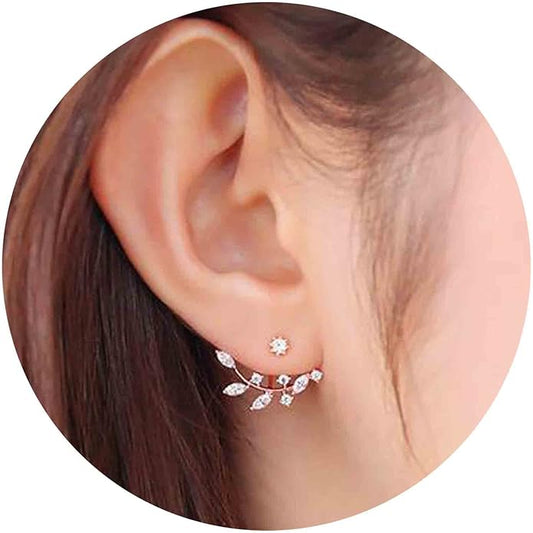 Boho Crystal Leaf Ear Jackets Earrings Gold Cz Crystal Earrings Rhinestone Front Back Studs Earrings Minimalist Earrings Jewelry for Women and Girls Gifts-VivaGrace Women
