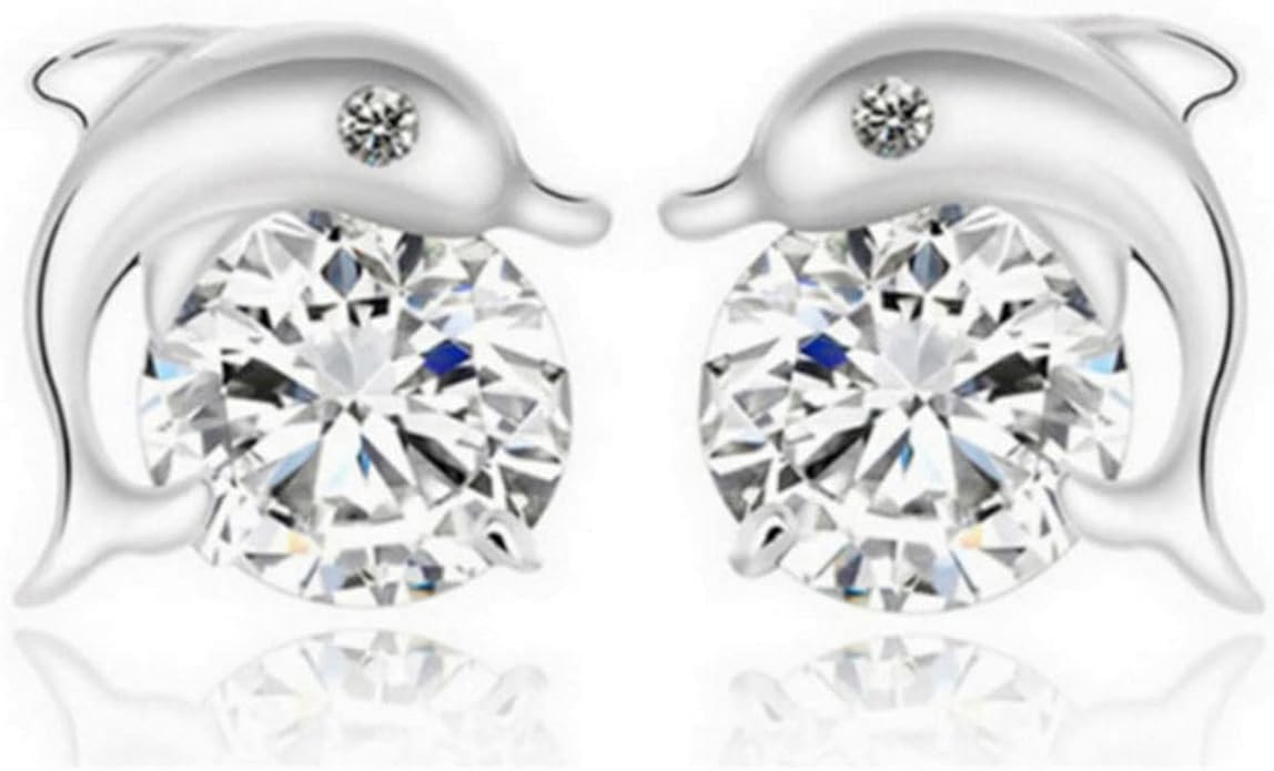 Silver Dolphin CZ Earrings Cute Animal Stud Earrings Tiny Earring Jackets Gifts for Women and Girls-VivaGrace Women