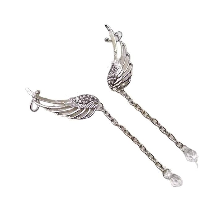 Boho Rhinestone Wing Ear Climbers Earrings Silver Crystal Drop Earring Chain Dangle Earrings Angel Wing Wrap Earrings Jewelry for Women and Girls Gifts-VivaGrace Women