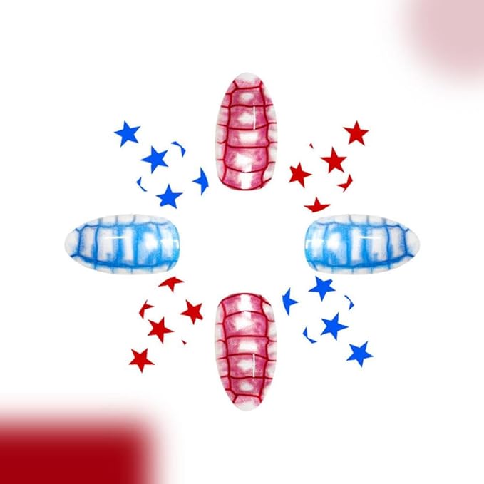 Independence Day Press on Nails Short Almond Fake Nails with Red Blue Checked Design USA Star False Nails Glossy Full Cover Summer 4th of July Stick on Nails for Women Girls Manicure 24Pcs