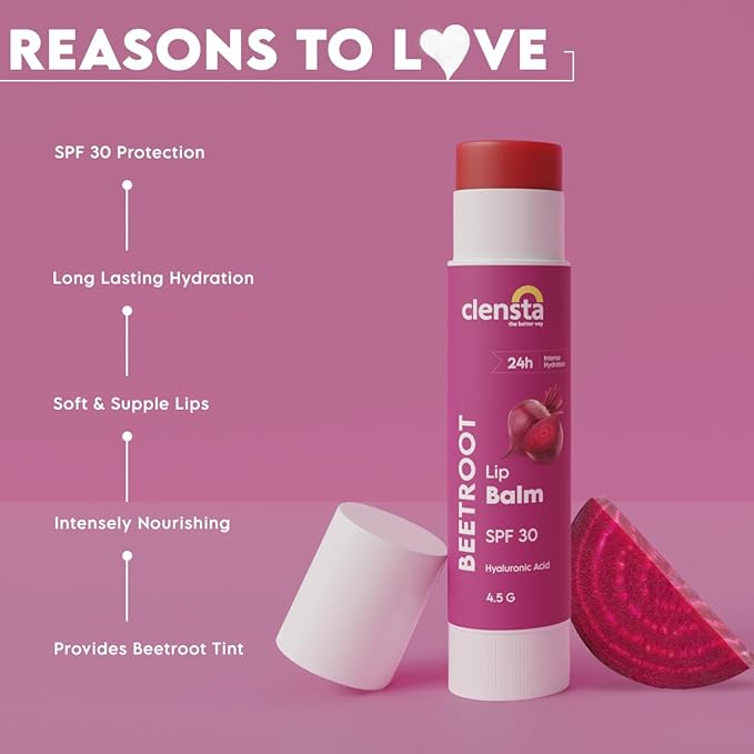 Clensta Beetroot SPF 30 Tinted Lip Balm | Hydrating & Moisturizing Lip Care with Hyaluronic Acid | Broad Spectrum Lip Sunscreen | 4.5g-VivaGrace Women