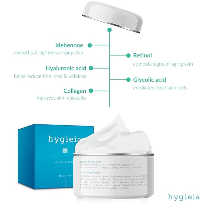 Hygieia Crepey Skin Liposomal Repair Cream – Anti-Aging Crepe Corrector Lotion for Loose Skin (Arms, Neck & Body) & Wrinkles – Retinol & Hyaluronic Acid Firming Cream with Idebenone – Made in USA, 4oz