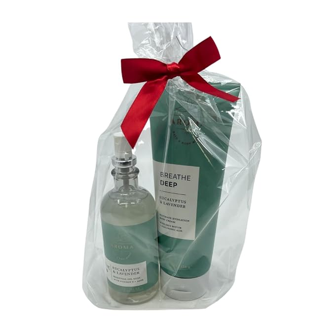 Bath & Body Works Aromatherapy Breathe Deep Eucalyptus & Lavender Gift Set with a Red Bow for Holidays & Gifts – Essential Oil Mist & Body Cream-VivaGrace Women