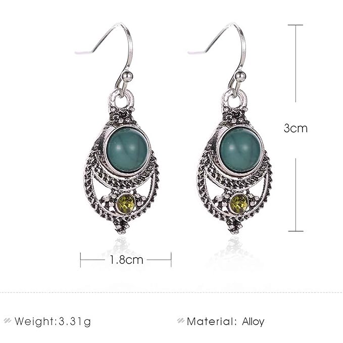 Boho Ethnic Turquoise Drop Earrings Silver Teardrop Turquoise Earrings Gemstone Hook Earrings Retro Drop Dangle Earrings Jewelry for Women and Girls-VivaGrace Women