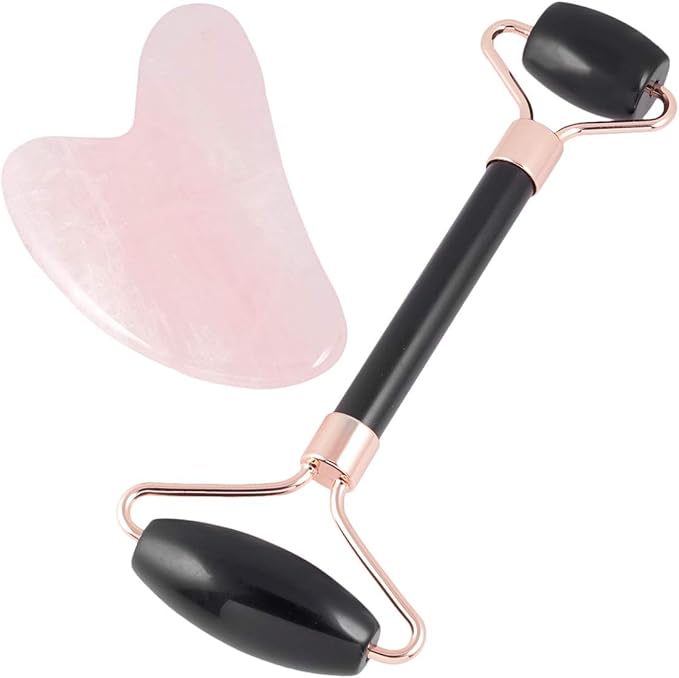 mookaitedecor Obsidian Roller & Rose Quartz Gua Sha Scraping Massage Tool Set, Face Massager for Wrinkles, Anti Aging-VivaGrace Women